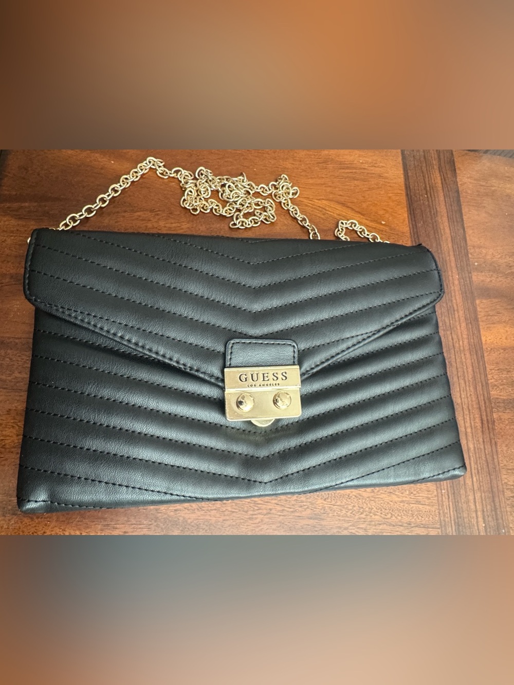 Guess Black Quilted Crossbody with Gold Chain